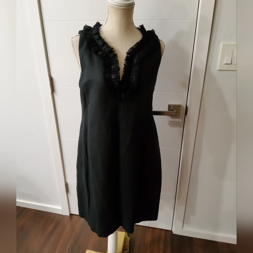 Kate Spade Linen Bonnie Black Sleeveless Dress with Ruffle Trim Size M